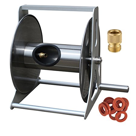 Stainless Steel Garden Hose Reel 100' 5/8“ Capacity with 5' Inlet Hose Washer Pack