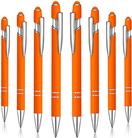 8 Pieces Ballpoint Pens with Stylus Tips Touch Screen Stylus Pens Rubberized Soft Touch Ballpoint Pen Black Ink Metal Pen Rainbow Pens for Tablets Phones Screens Office Stationery Supplies (Orange)