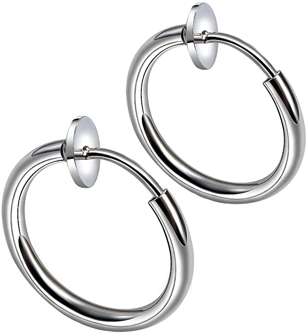 INRENG Unisex Stainless Steel Small Clip On Spring Hoop Earrings Non Pierced Fake Cartilage Earrings Black/Silver