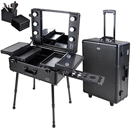 AW Rolling Studio Makeup Artist Cosmetic Case w/ 6x 40W LED Light Bulb Adjustable Leg Mirror Cosmetic Black Train Table