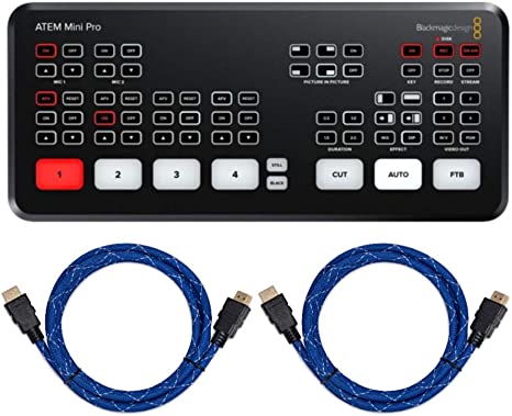 Blackmagic Design ATEM Mini Pro HDMI Live Stream Switcher with 2X Knox Gear Nylon-Braided 4K HDMI to HDMI Cables Bundle (3 Items)