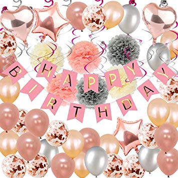 Birthday Decorations, Puchod Happy Birthday Party Decoration Kit Rose Gold Confetti Balloons 71pcs Swirl Champagne Decorations with Paper Pom Pom 13th 16th 18th 21st 30th 40th 50th 60th 70th Party Supplies for Girls Women