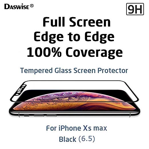 Daswise Screen Protector, for iPhone Xs max 100% Coverage Tempered Glass Screen Protector, Cover Edge-to-Edge, HD Clear, Bubble-Free, Shockproof, Case Friendly, Easy Installation (Black 6.5)