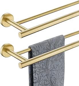 JQK Double Towel Bar, 24 Inch Brass Gold Bath Towel Rack for Bathroom, 304 Stainless Steel Thicken 0.8mm Towel Holder Wall Mount Brushed Gold, Total Length 27.16 Inch 2 Pack, TB100L24-BG-P2