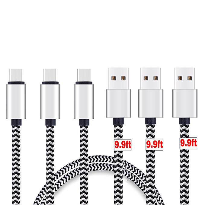 USB Type C Cable,[10ft 3Pack] by Ailun,High Speed Type-C to USB A Sync & Charging Nylon Braided Cable for Smartphone&Tablets [Silver&blackwhite]