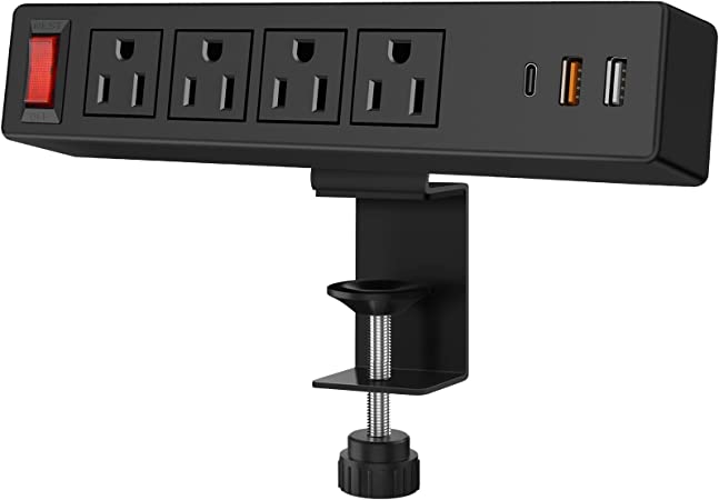 VILONG Black Desktop Edge Power Strip,Removable Clamp Power Outlet Socket 4AC Outlests,2 USB-A Ports,1 USB-C Port,6.5 ft Extension Cord with Switch for Home Office Reading