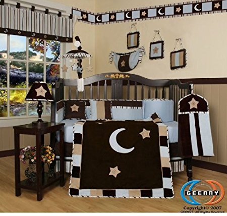GEENNY 13 Piece Crib Bedding Set, Brown/Blue Star and Moon