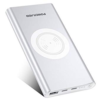 Poweradd Wireless Charger Power Bank, 10000mAh Qi Wireless Portable Charger External Battery with Wireless Output and USB Output, Fast Charge Compatible with iPhone XS/XS Max/XR/X/iPhone 8/8 Plus, Samsung S7 S8 S9 S9 Plus and More Qi-Enabled Devices-Silver