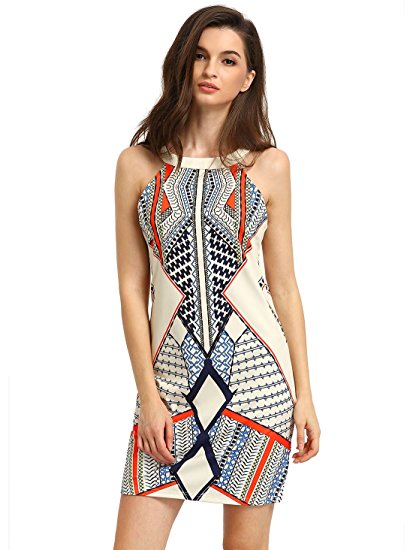 ROMWE Women's Cutaway Sleeveless Geometric Print Party Dress