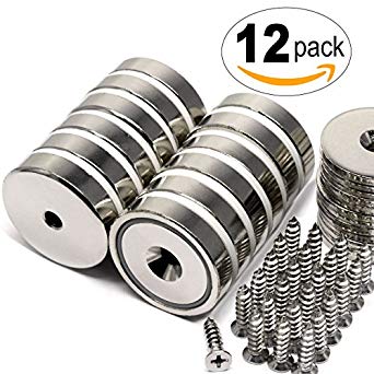 12 Count Super Value Pack CMS Magnetics Neodymium Cup Magnets with 88 LBS Pull Capacity Each - Dia 1.26" - w/Matching Strikers and Screws - Strongest Round Base Magnets