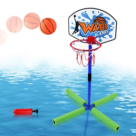 Pool Basketball Hoop Toys 30“ Height Floating Stuff Swimming Pool Games Poolside Standing Basketball Hoop with Net, Mini Inflatable Ball &Pump for Kids Boys Girls Teens Summer Outdoor Toys Party Favor