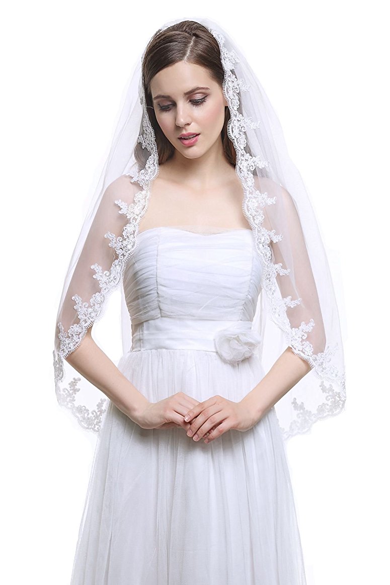 1 Tier Ivory and White Fingertip Tulle Bridal Wedding Veil Applique Edge with Comb-V33