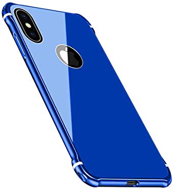 iPhone X Case KumWum Shockproof Aluminum Bumper Scratch-Resistant Tempered Glass Back Cover for iPhone 10 (iPhoneX, Blue)
