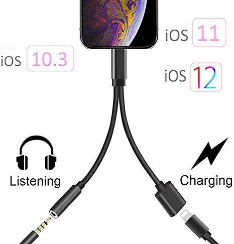 Headphone Adapter Jack Dongle for iPhone Xs/Xs Max/XR/ 8/8 Plus/X (11) / 7/7 Plus Adapter Listen to Music Adapter Audio and Charge 3.5mm Splitter Converter Compatible with Adaptor Charger.(Black)