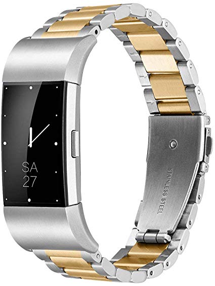 Fitbit Charge 2 Wrist Band,Shangpule Stainless Steel Metal Replacement Smart Watch Band Bracelet with Double Button Folding Clasp for Fitbit Charge 2 (Silver   Gold)