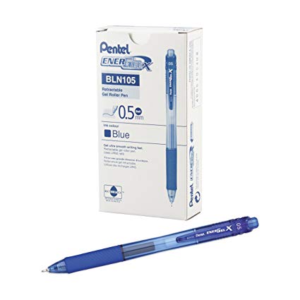 Pentel EnerGel-X Retractable Liquid Gel Pen 0.5mm Needle Tip Blue Ink, Box of 12 (BLN105-C)