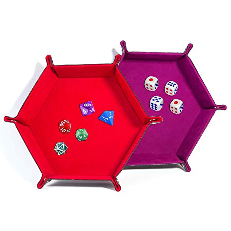 Pushang - 2 Pack Hexagon Folding Dice Tray PU Leather Tray for Rolling Dice Games,RPG, DND,Candy Storage Box Holder