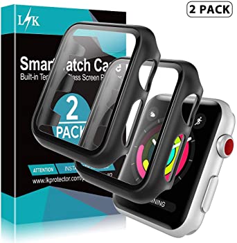 [2 Pack] L K Case for Apple Watch 38mm Series 1/2/3 Built-in Tempered Glass Screen Protector, All-Around Ultra-Thin Bumper Full Cover Hard PC Protective Case for iWatch 38MM