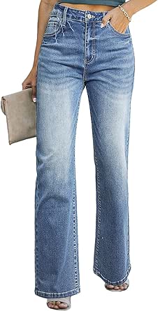 Sidefeel Women's Wide Leg Jeans Casual High Waisted Straight Stretch Denim Pants with Pockets