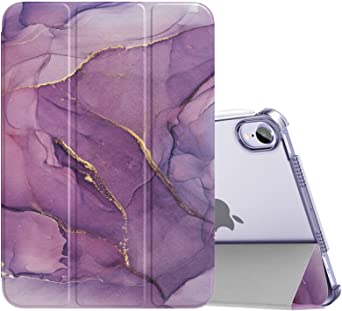 MoKo Case Fit New iPad Mini 6 2021 (6th Generation, 8.3-inch) - Slim Lightweight Hard Clear Back Shell Stand Cover with Translucent Frosted Back Protector, with Auto Wake/Sleep, Marble Gold Purple