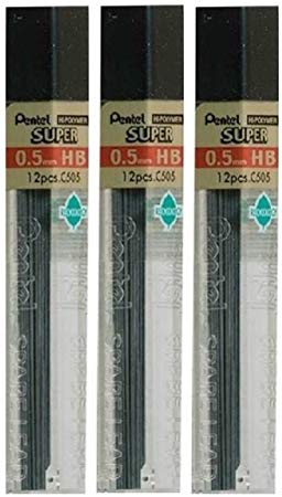 Pentel 0.5mm Size HB Shade Hardness Pencil Refill Replacement Spare Leads Hi Pollymer Super For Automatic & Mechanical Pencils (Pack Of 3 Tubes - 36 Pieces)