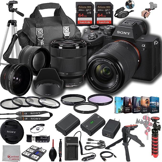 Sony a7 IV Mirrorless Digital Camera 33MP w/ 28-70mmmm Lens, 128GB Extreem Speed Memory,.43 Wide & 2X Lenses, Case. Tripod, Filters, Hood, Grip,Spare Battery & Charger, Software Kit -Deluxe Bundle