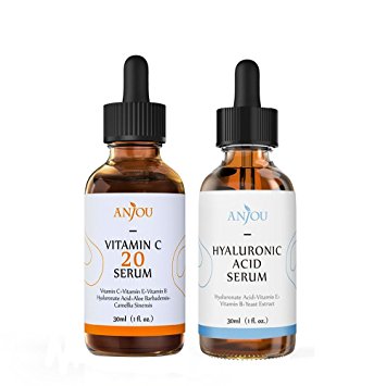 Anjou Anti-Aging Set with Vitamin C 20 Serum and Hyaluronic Acid Serum, Reduce Wrinkles, Repair Sun Damage, Fade Age Spots, Enriches and Moisturize Skin, 2 X 1 oz