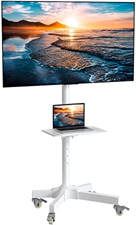 Mobile TV Cart with Wheels for 23-55 Inch LCD LED 4K Flat Curved Screen TVs - Height Adjustable Shelf Trolley Floor Stand Holds up to 55lbs - Movable Monitor Holder with Tray Max VESA 400x400mm White