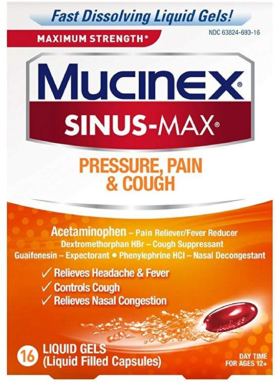 Mucinex Sinus-Max Max Strength Pressure, Pain & Cough Liquid Gels 16 ea ( Pack of 2)