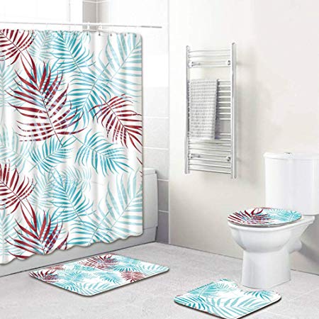 Plant Leaf Pattern Shower Curtain 4 Piece Set, Waterproof Shower Curtain, Non-Slip Rugs, Toilet Lid Cover and Bath Mat, Leaf Shower Curtain with 12 Hooks.