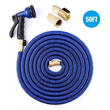 Easehold Expandable Garden Hose Double Layer Latex Strength Textile with Solid Brass Fitting Connector 8 Function Sprayer Nozzle (50FT, Blue)