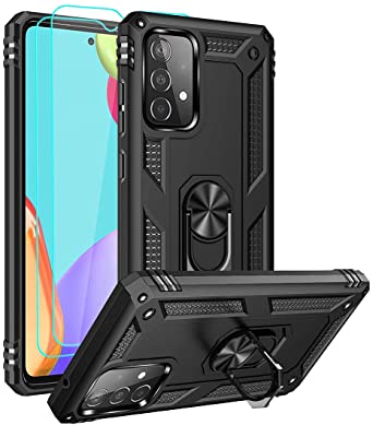 Samsung Galaxy A52 5G Case with HD Screen Protectors, Androgate Military-Grade Metal Ring Holder Kickstand 15ft Drop Tested Shockproof Cover Case for Samsung Galaxy A52 5G Black