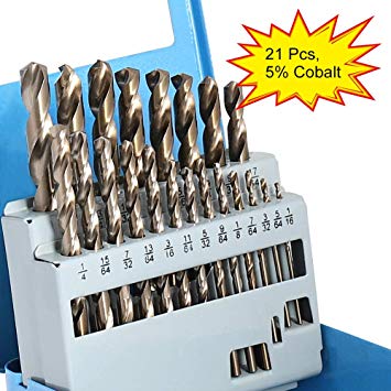 COMOWARE 21Pcs Cobalt Twist Drill Bit Set M35 Jobber Length for Metal Wood Plastic, 1/16"-3/8"