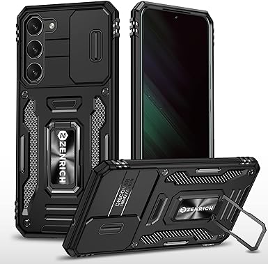 ZenRich Rugged Case for Samsung Galaxy S23 Plus with Slide Camera Cover & Kickstand, Dual Layer Military Grade Protective Case compatitable with Magnetic Holder, Black