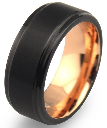 EZreal 8mm Black Tungsten Carbide Mens Wedding Bands with Matte Center & Comfort Fit Rose Gold Plated Interior, Rose Gold Engagement Rings for Women Promise Rings for Her Unique Wedding Rings