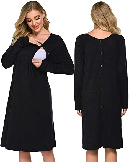 Ekouaer Women’s Nursing/Delivery/Labor Nightgown Long Sleeve Maternity Sleepshirt for Breastfeeding with Button