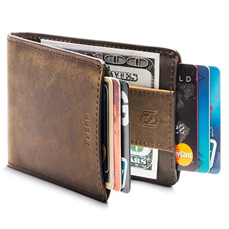 Slim Front Pocket Leather RFID Wallet for Men with Strap Money Clip - Premium Quality Leather - Up to 8 Cards