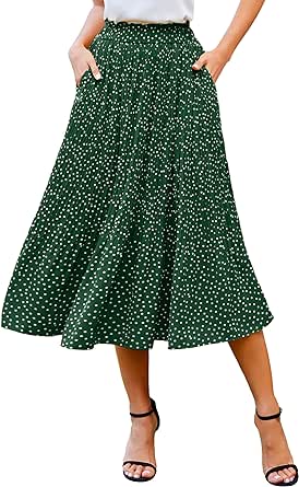 Zeagoo Women's Midi Skirts Elastic High Waist Skirt Polka Dot Casual Pleated Skirt with Pockets