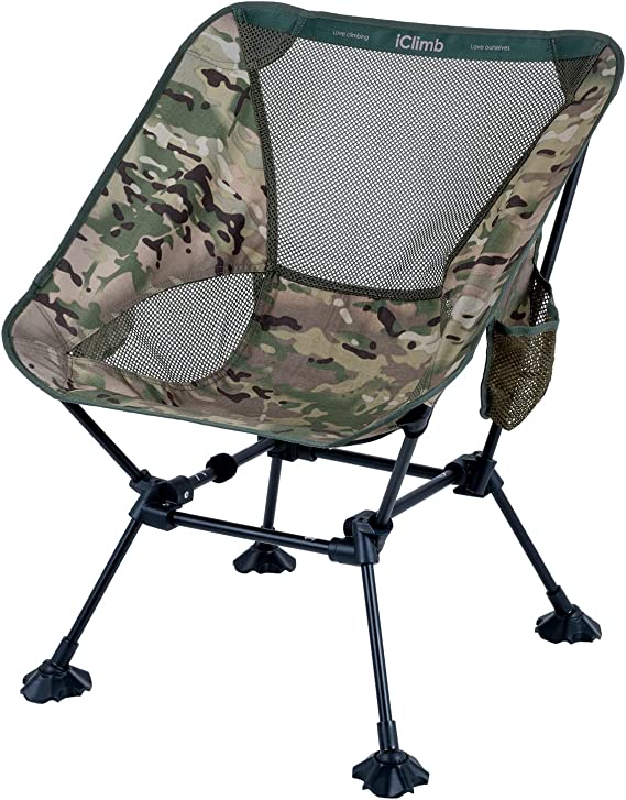 iClimb Ultralight Compact Camping Folding Beach Chair with Anti-Sinking Large Feet and Back Support Webbing (Woodland - Square Frame)