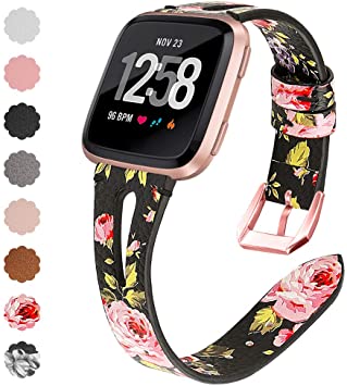 QIBOX Leather Bands Compatible with Fitbit Versa/Versa 2, Slim Vintage Leather Band Replacement Strap Women Man Wristband Accessories Compatible with Fitbit Versa 2 Smartwatch