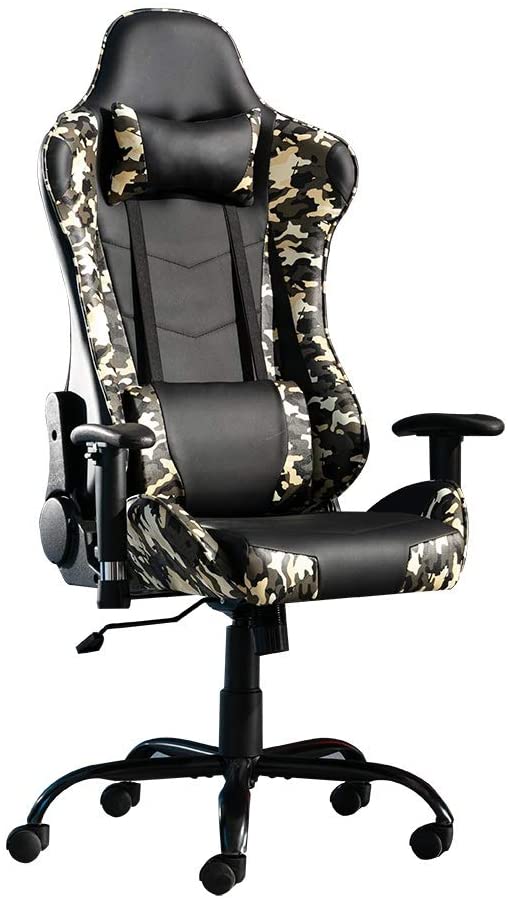 Gaming Chair, PC Computer Video Game Gamer Chair High Back Height Adjustment Leather Reclining Ergonomic Backrest Desk Office Chair with Headrest Lumbar Support Cushion Pillow (Camouflage)