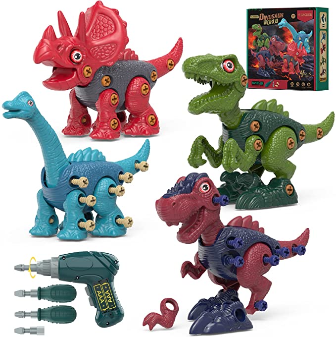 Elecder Dinosaur Toys for Kids 3-5 5-7, 4 Take Apart Dinosaur Toys for Kids 3 4 5 6 7 8 Year Old Boys and Girls,STEM Building Construction Sets with Electric Drill,Christmas Birthday Gifts for Kids