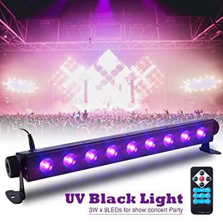 SOLMORE UV Black Light Bar 27W 9LEDs Flood Light DJ Blacklight for Glow Party Stage Club Disco Halloween Show AC100-240V (with Remote)