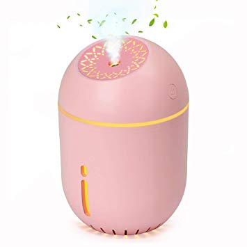 MANLI USB Car Humidifier, 350ML Ultrasonic Portable Mini Cool Mist Humidifier for Cars Office Bedroom Baby, Small Humidifier Auto Shut-Off, Adjustable Mist Mode, LED Night Light - Pink