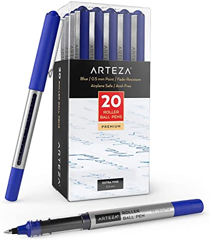 Arteza Gel Ink Roller Ball Pens, Pack of 20, Blue Ink, Waterproof, 0.5mm Fine Point Rollerball Pen for Bullet Journaling, Writing, Taking Notes & Sketching