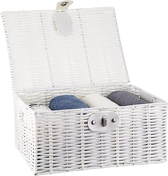 Hipiwe Woven Storage Basket Box with Lid & Lock - Large Plastic Storage Bins Built-in Carry Handles Shelf Basket Home Decorative Organizer Bin for Shelf Closet Organizer, White 14"x11"