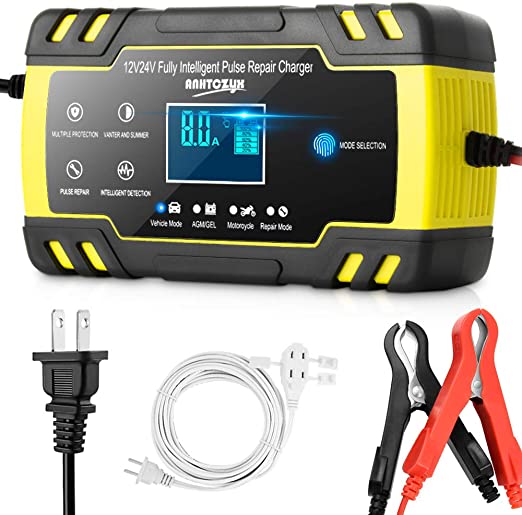 Enhanced Edition Car Battery Charger 12V/8A 24V/4A Compatible Automotive Smart Portable Battery Charger Maintainer/Pulse Repair Charger Pack for Car, Motorcycle, Lawn Mower and More (Yellow)