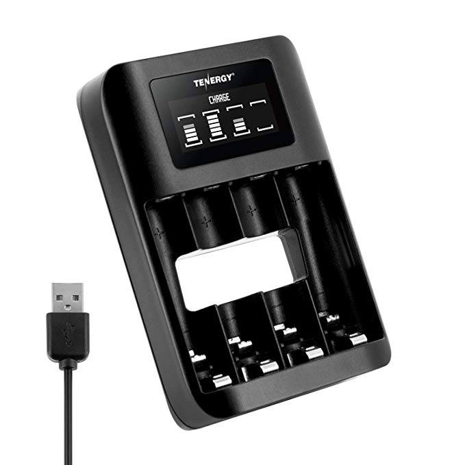 Tenergy TN474U 4-Bay NiMH Battery Charger with LCD Display and USB Input, Portable Charger for AA/AAA NiMH Batteries