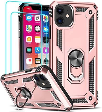 LeYi Compatible for iPhone 11 Case with [2 Pack] Tempered Glass Screen Protector, Military-Grade Armor Phone Cover Case with Ring Magnetic Car Mount Kickstand for iPhone 11 6.1 inch, Rose Gold