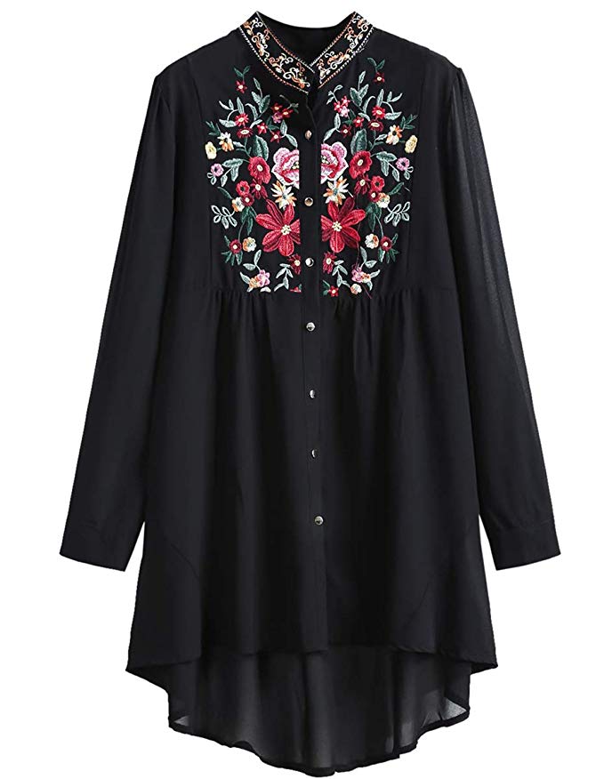 Romwe Women's Chiffon Embroidered Floral Button Down Long Sleeve Loose Blouse Top